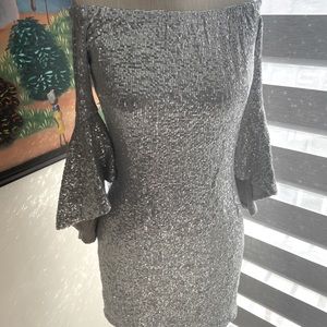 New Boston Proper Brand Off the Shoulder Sequin Silver Dress & Bell Sleeve